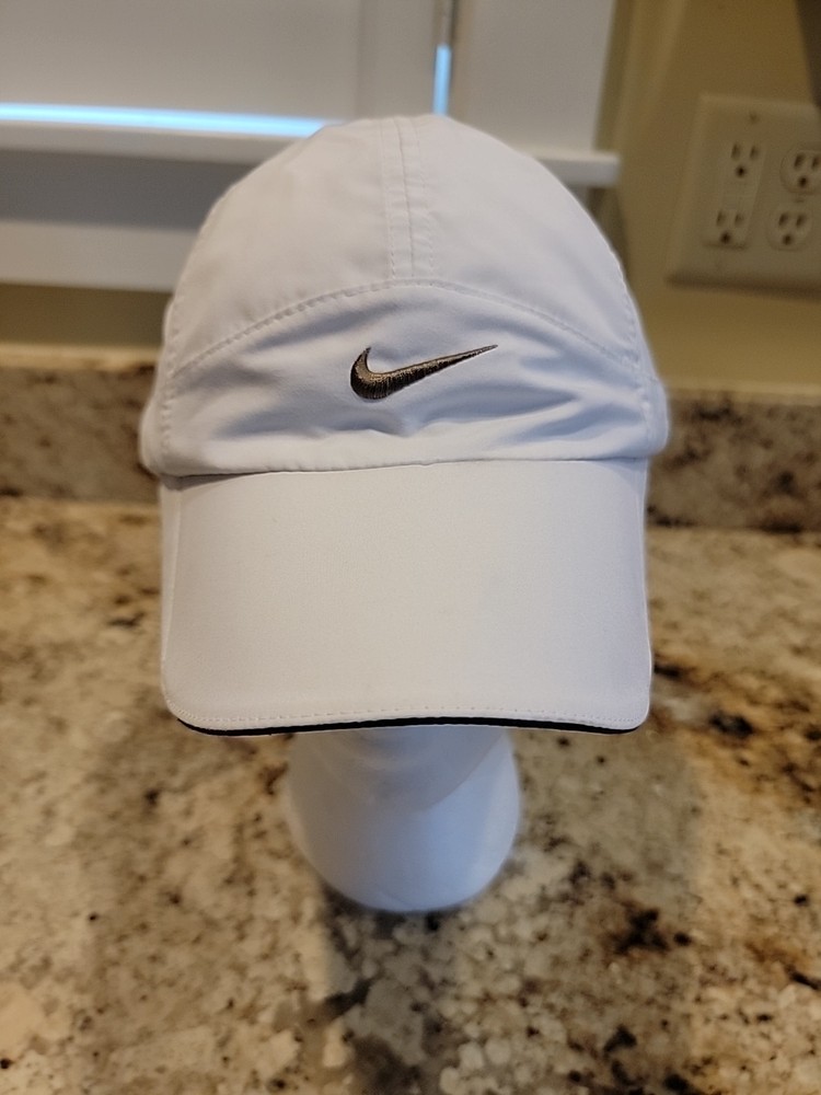 Nike Dri-Fit Featherlight 7 Panel Hat Cap White Adjustable Strap Running Tennis