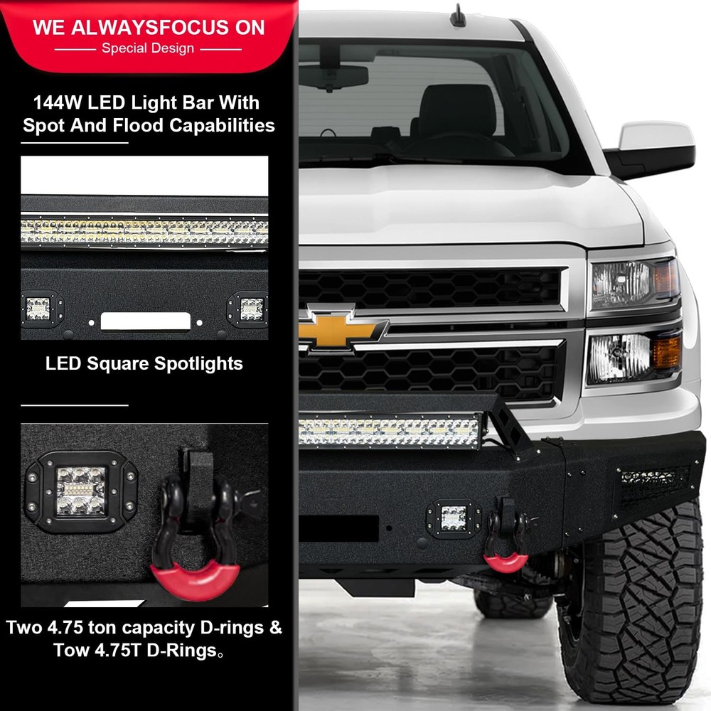 Front Bumper for 2014-15 Silverado 1500 Winch Plate Sensor Hole D-Ring LED