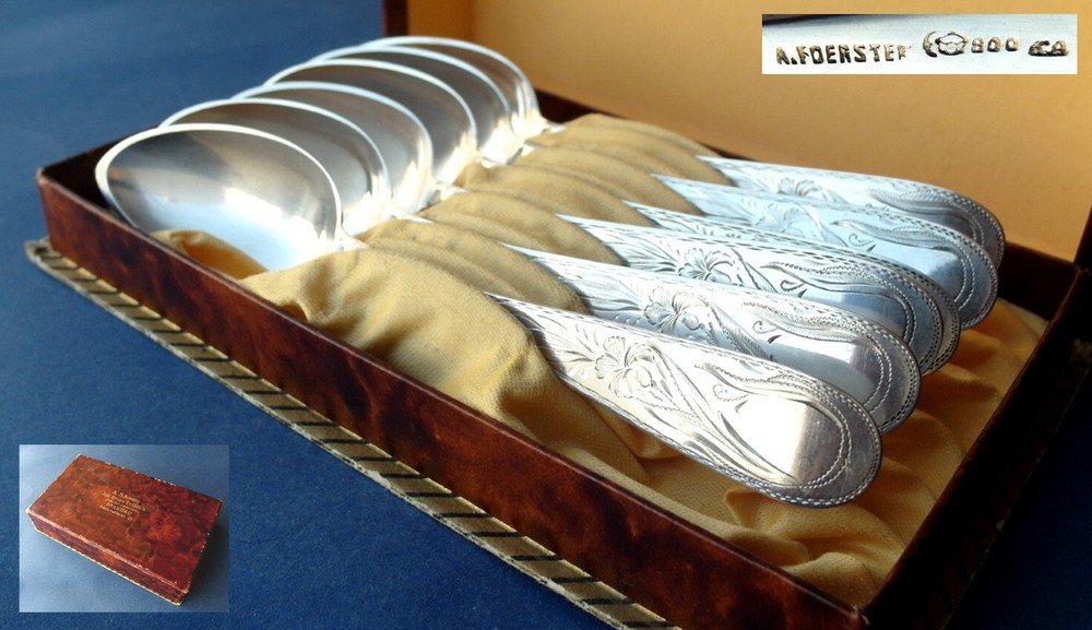 Set 6 Spoons A. FOERSTER Hand-Engraved 800 Silver around 1900 E553