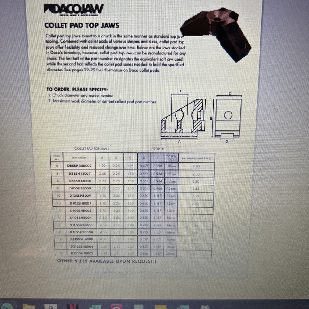Daco D212SSH-8008 Collet Pad Top Jaws For 12” Chuck