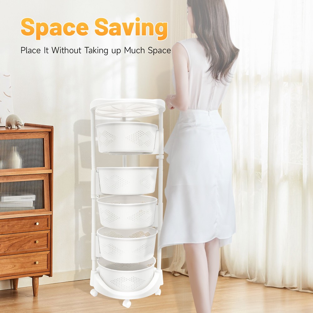 5 Tiers Kitchen Rotating Storage Basket Shelf Floor-standing Household Rack