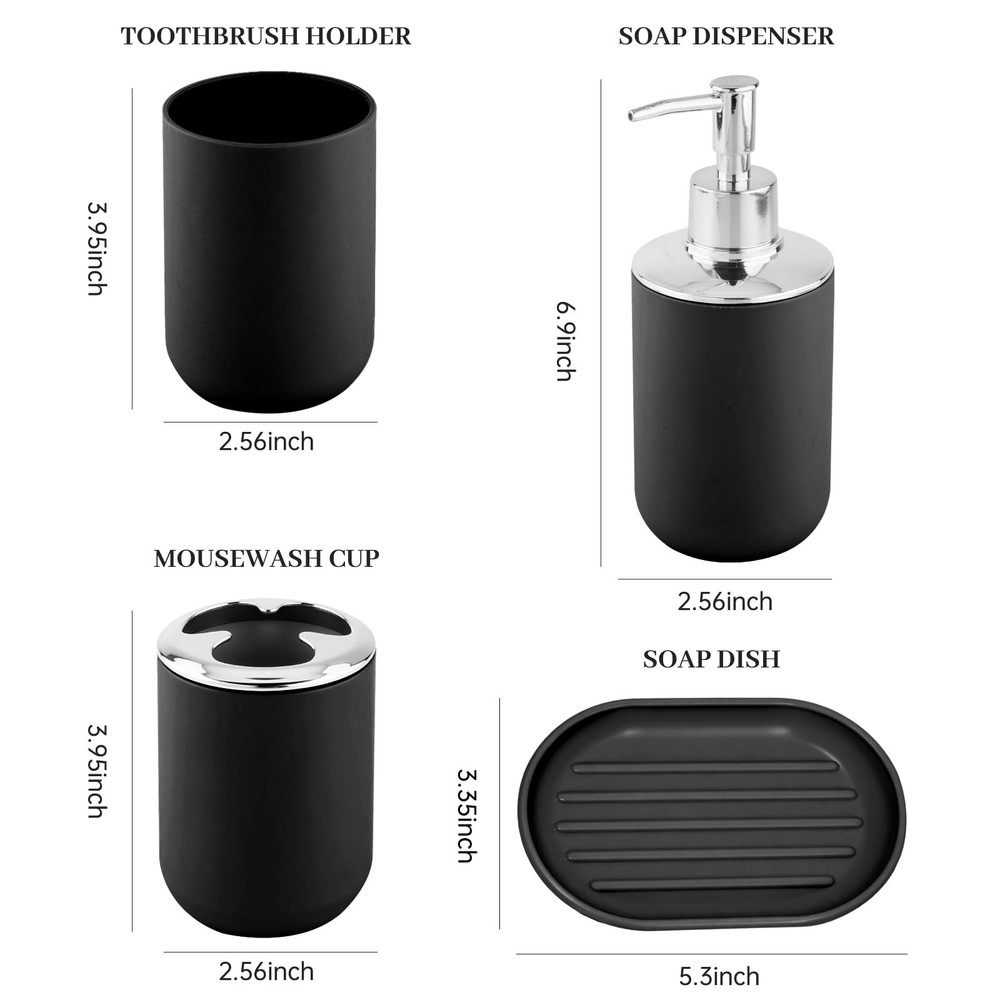 4 Piece Bathroom Accessory Set Black Modern Plastic