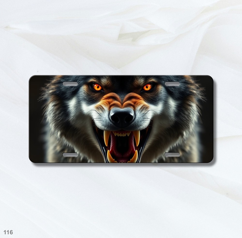 Realistic Wolf License Plate with Sharp Teeth Your Text Universal Fit Plate Holi