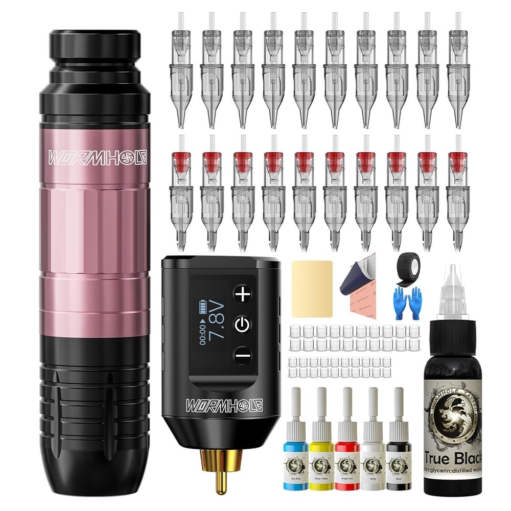 Wireless Tattoo Machine Kit Complete Practice Set Rechargeable LED Display