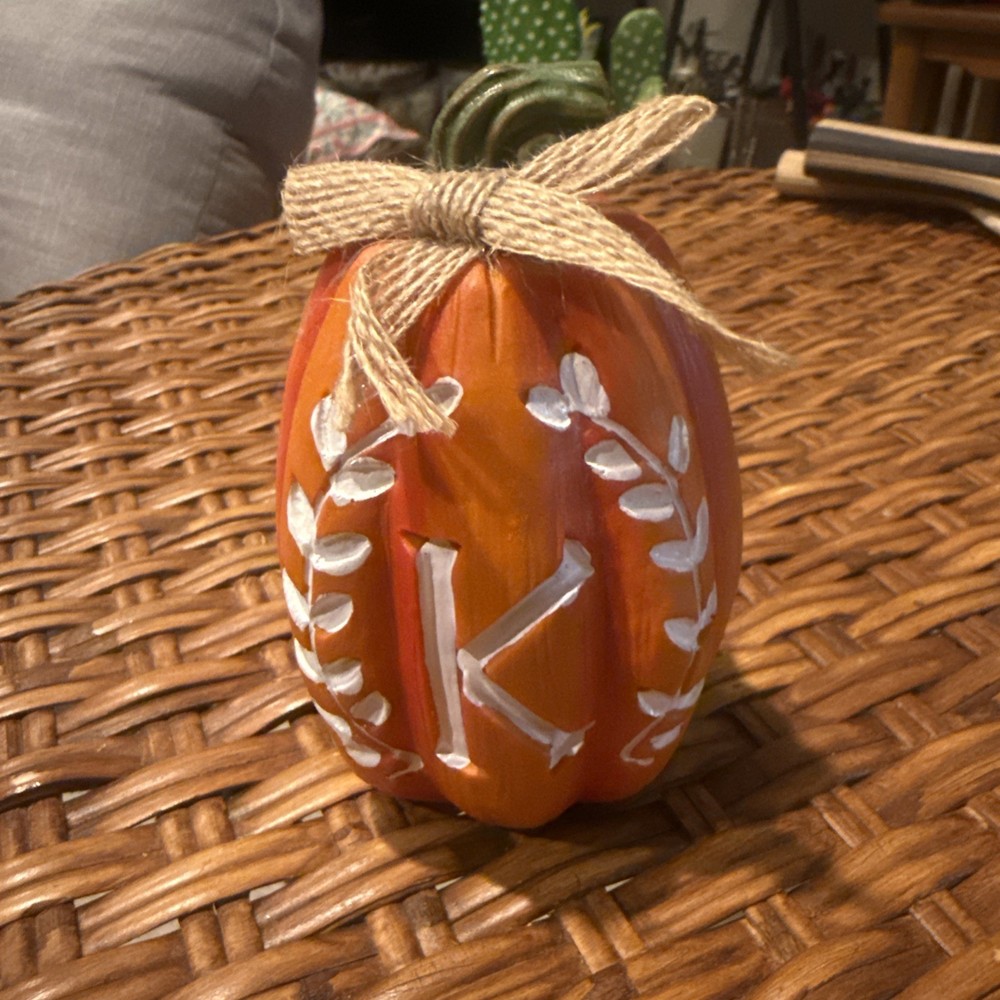 Monogram “K” Decorative Pumpkin With Leaf Design Orange Fall Traditional