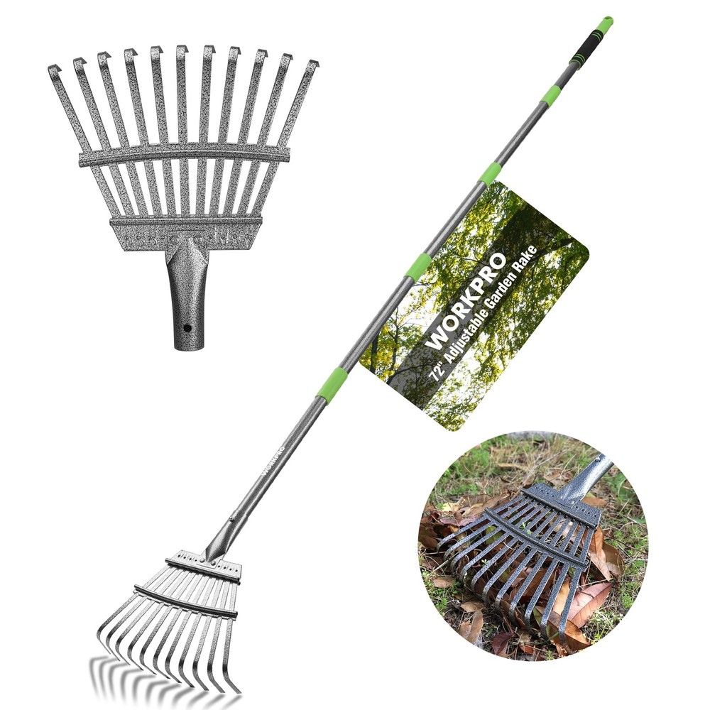 Small Rake for Leaves 72” Adjustable Handle 11 Steel Tines