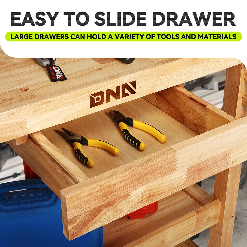 Heavy Duty Rubber Wood Workbench Work Desk w/ 2 Adjustable Rotating Handles