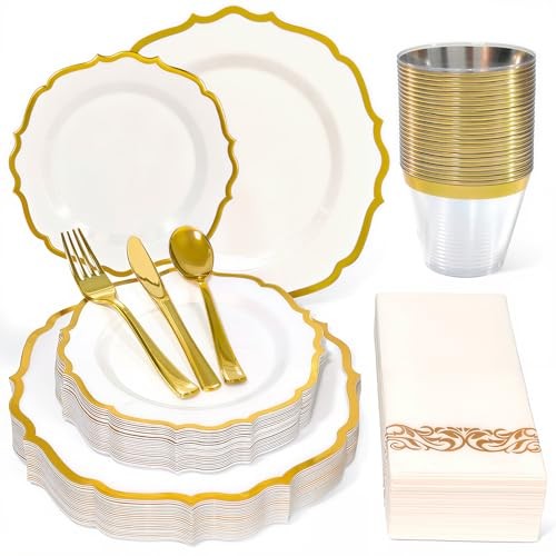175 Plastic Dinnerware Set Disposable Dinnerware Set for 25guests(175PCS) Gold