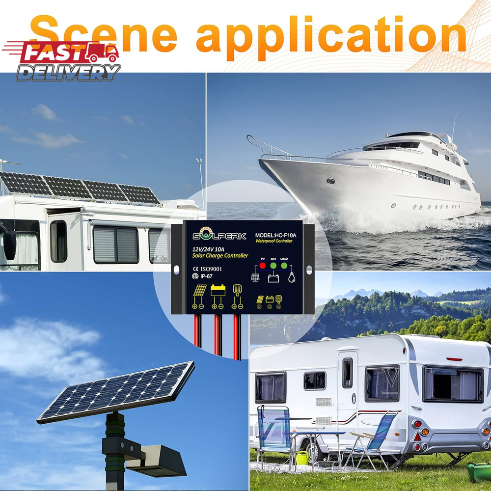 SOLPERK 10A Solar Charge Controller Waterproof Solar Panel Controller 12V/24V PW