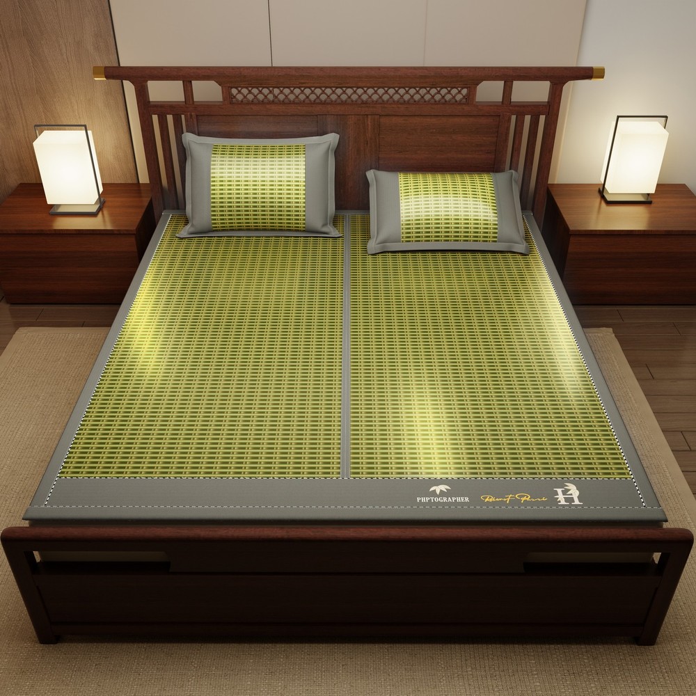 Bamboo Bed Mat Summer Accessories Folding Double Faces Bamboo & Rattan Green