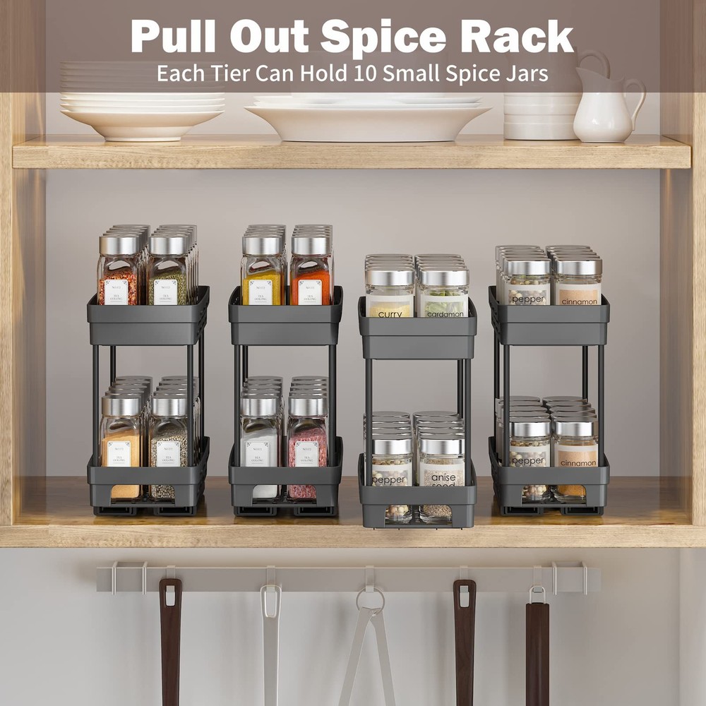 Pull Out Spice Rack Organizer for Cabinet, 3 Packs Slide 3 Pack, Black