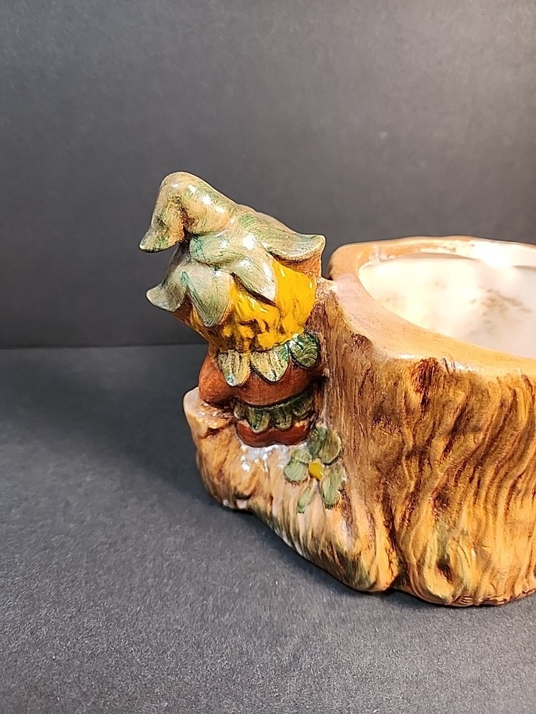 Vintage Ceramic Pixie Elf Tree Stump Planter Woodland Forest Succulents