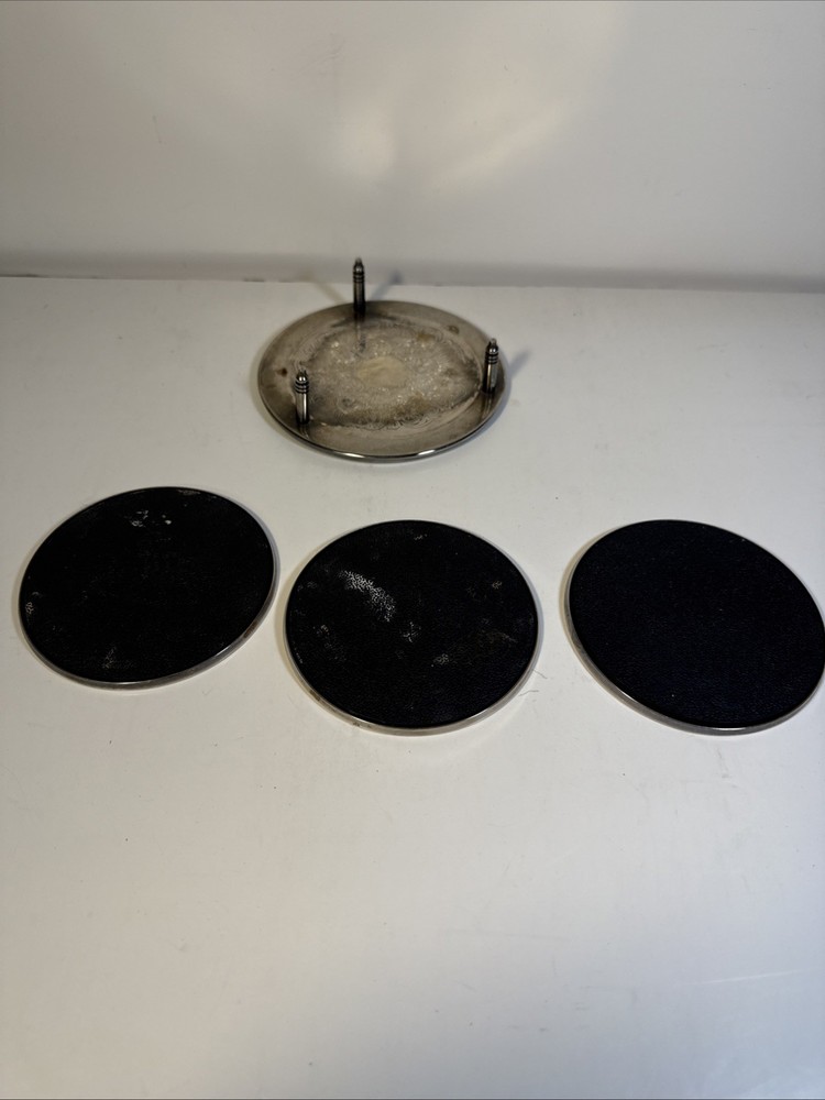 Vintage set 3 Silver plate Embossed Leaf design Coasters with Holder