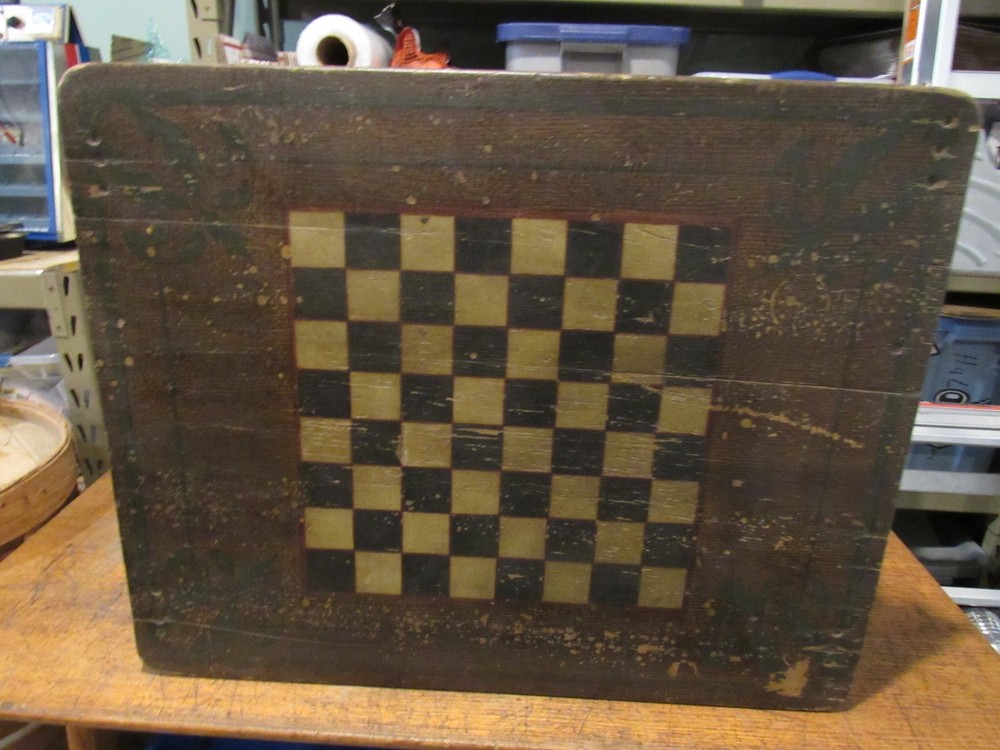 ANTIQUE ORIGINAL 1800's FOLDING CHESS CHECKERBOARD TABLE SOLID PLANK TOP