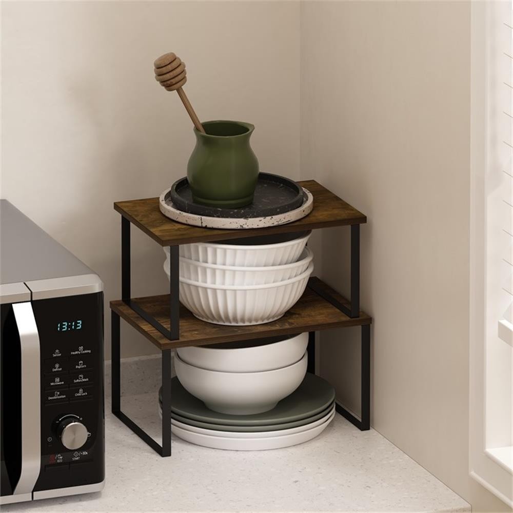 Pemberly Row Stackable Kitchen Counter Shelves in Set of 2 Amber Pine