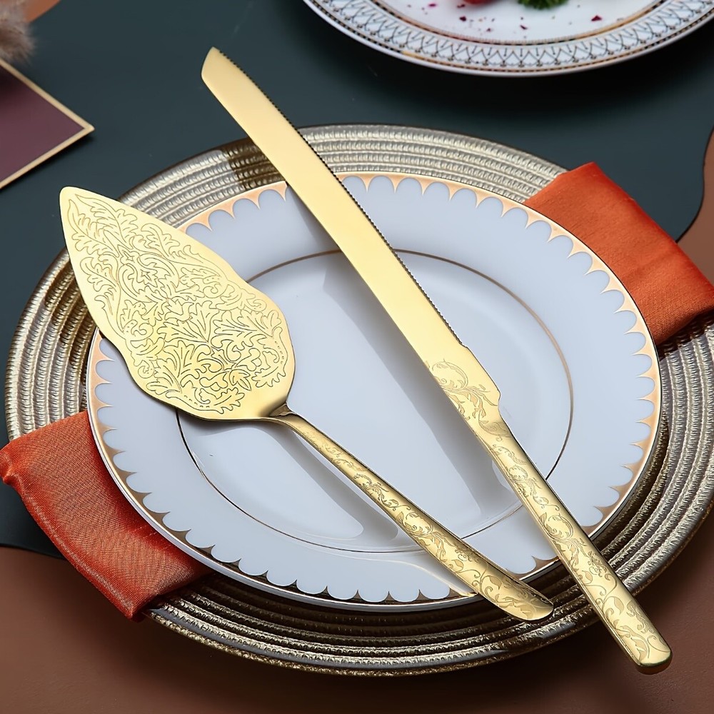 Gold Wedding Cake Knife and Server Set,Titanium Gold Plating With Unique Pattern