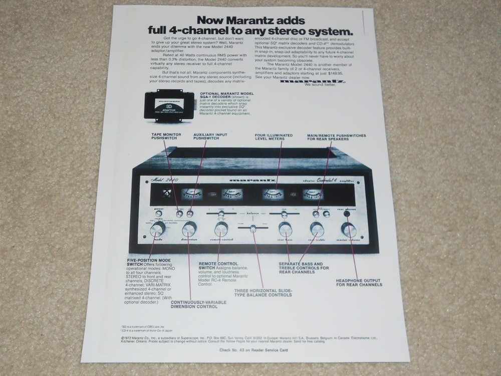 Marantz QUAD 2440 Amplifier Ad, 1 page, Features, SQA-1 Decoder, Info