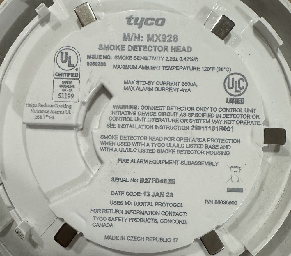 Tyco Mx926 Smoke Detector Head New E47