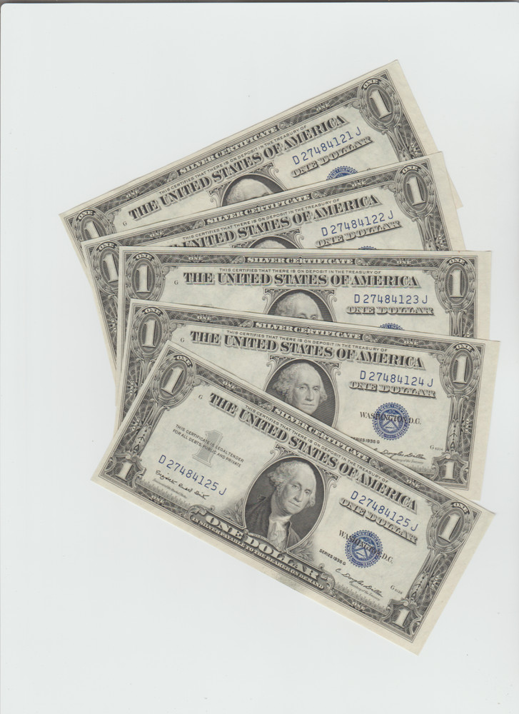(5) CONSECUTIVE 1935-G $1 ONE DOLLAR SILVER CERTIFICATES UNCIRCULATED