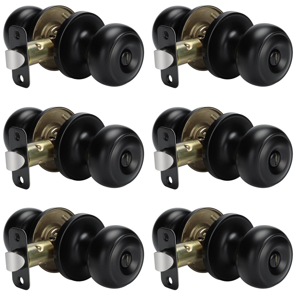 Matte Black Keyless Privacy Door Knobs - 6 Pack Interior Bedroom & Bathroom Knob