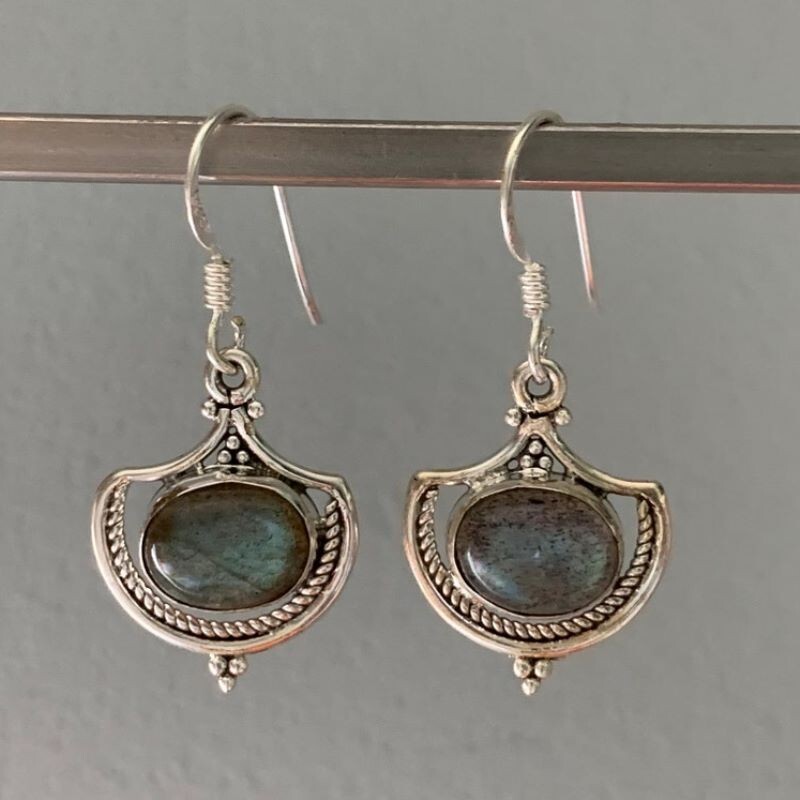 Genuine Solid Labradorite Ovel Shaped 925 Sterling Silver Dangle  Earrings