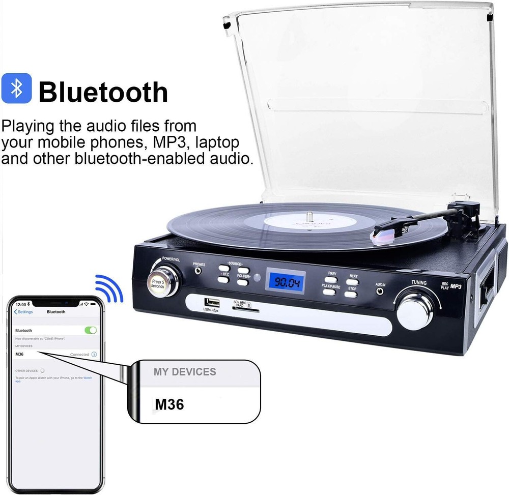 Tocadiscos Bluetooth Con Parlantes Estereo, Tocadiscos Para Vinilo A Mp