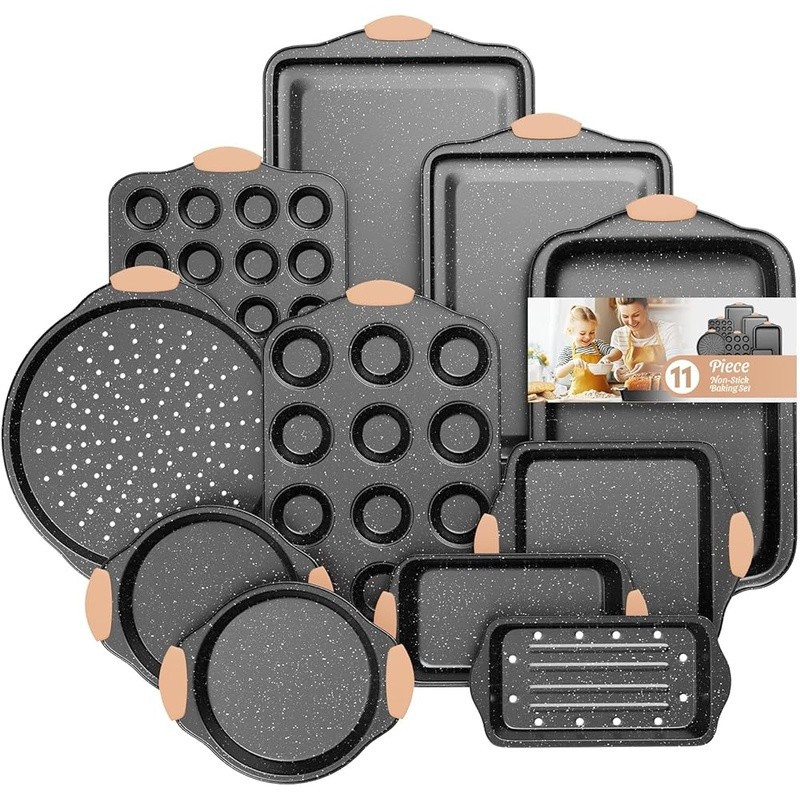 11 Piece Nonstick Baking Set Stackable Bakeware Cookie Sheet Muffin Pan New