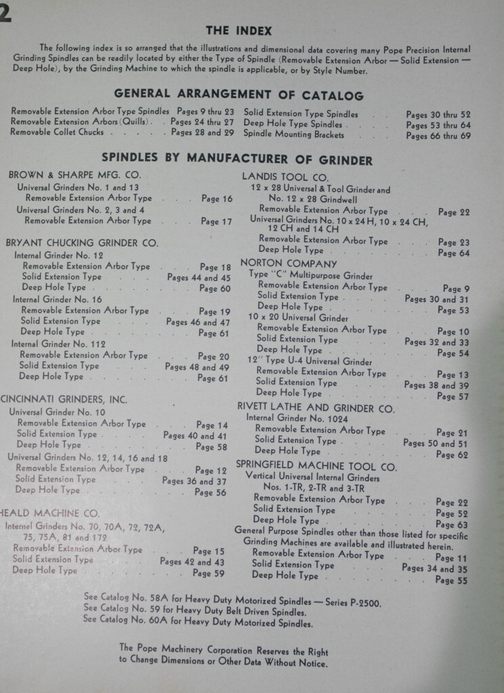 Pope Spindle Specification Catalog Manual