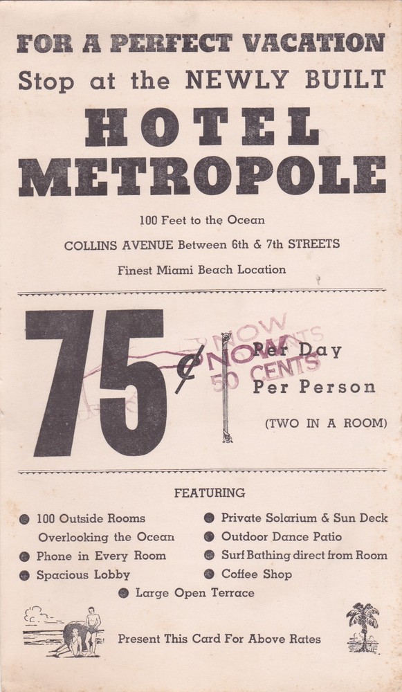 c1940 Hotel Metropole Miami Beach Broadside Brochure