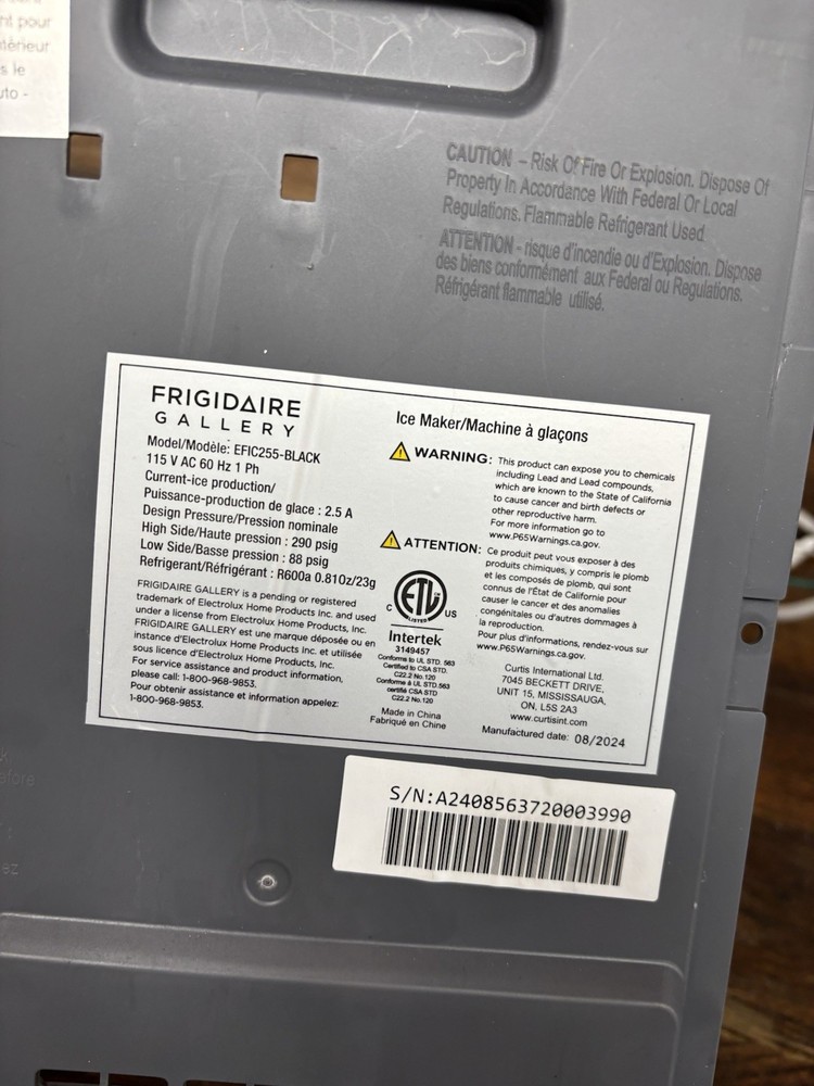 Frigidaire Gallery Ice Maker EFIC255 Replacement PARTS, BACK PANEL