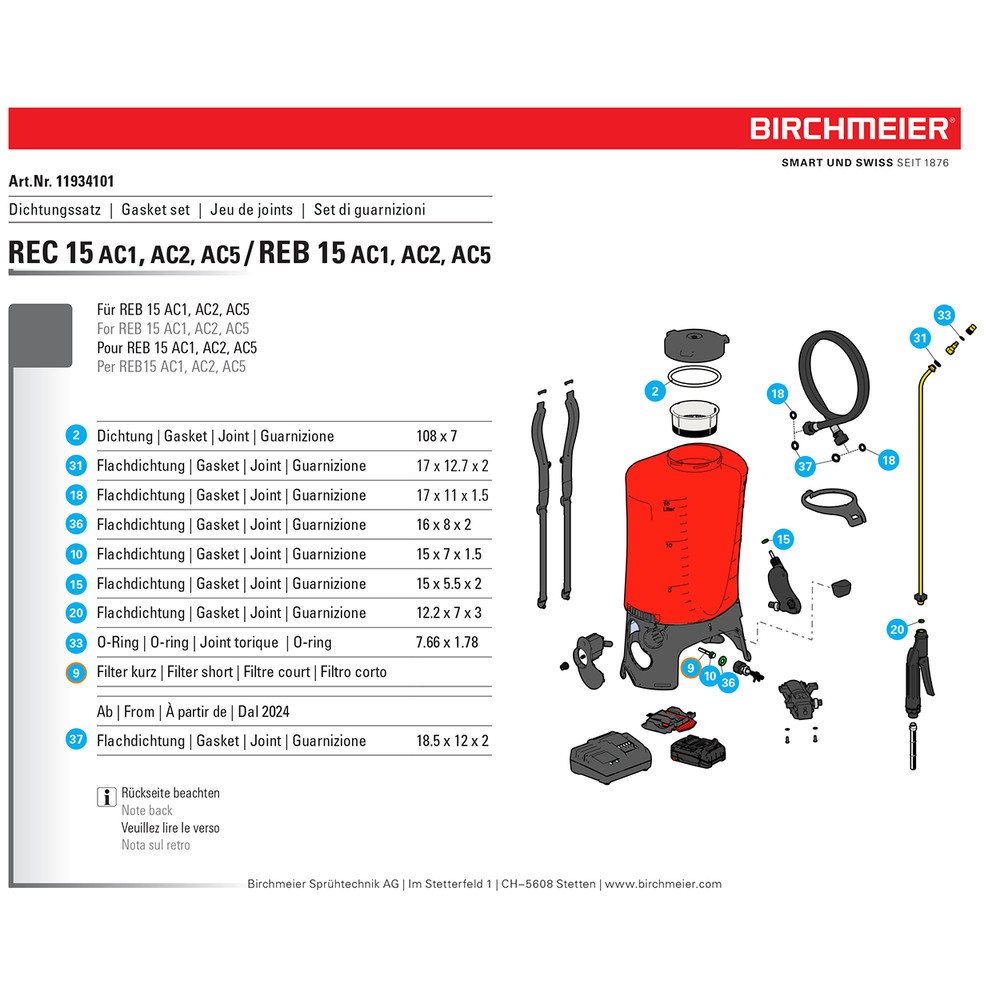 Replacement Gasket Set For REC 15 / REB 15 Sprayers by Birchmeier