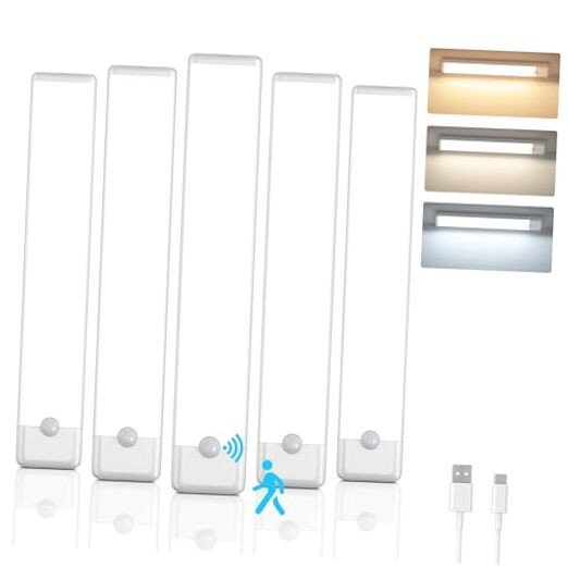 5-Pack Motion Sensor Under Cabinet Light, 3 Color Temperature 7.9 inch White