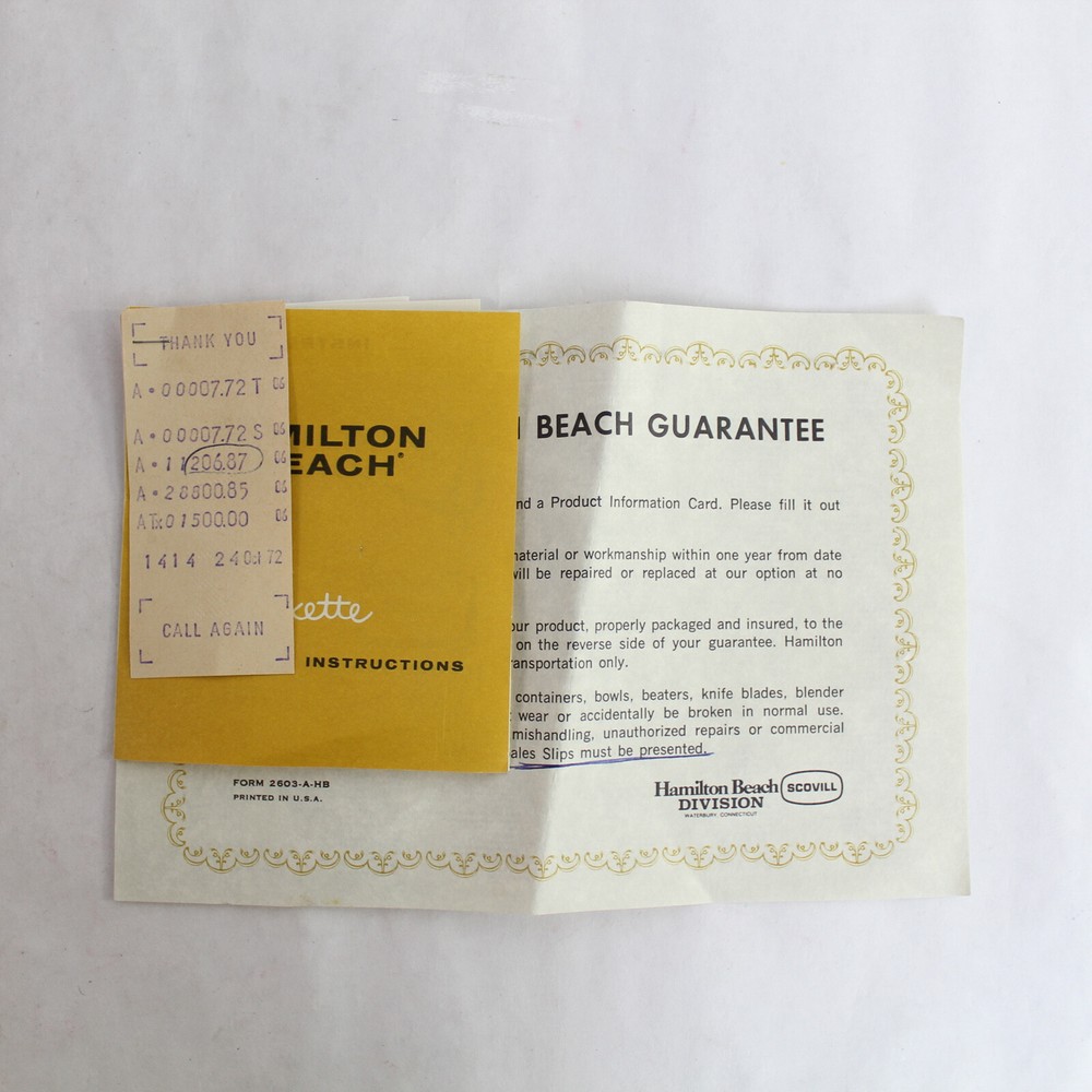 Hamilton Beach Mixette Model 97 Instructions & Guarantee Slip Pre-Owned
