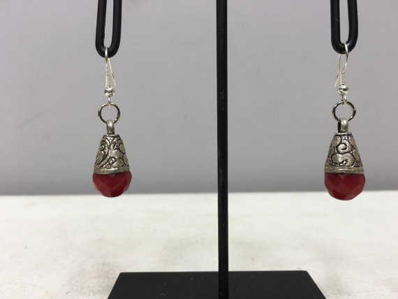Tibetan Red Coral Dangle Etched Silver Teardrop Earrings E128