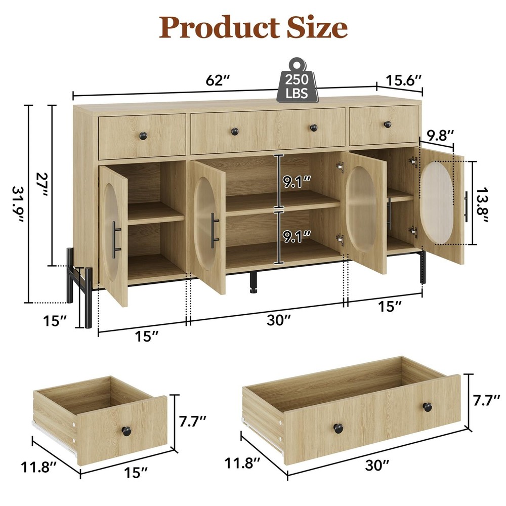 62'' Sideboard Buffet Cabinet Storage Coffee Bar Cabinet Buffet Table ,3 Drawers