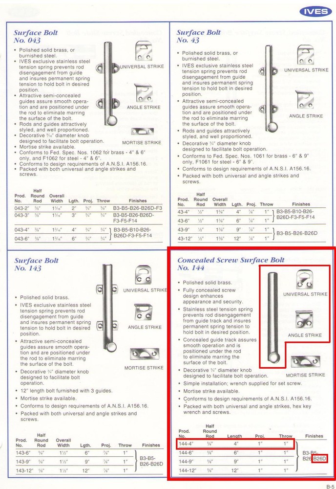 IVES #144B26D-4" CONCEALED SCREW SURFACE BOLT, SOLID BRASS, SATIN CHROME FINISH