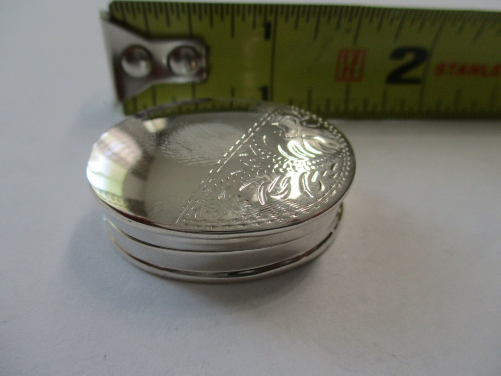 Sterling silver pill box oval shape half engraved half smooth gorgeous style