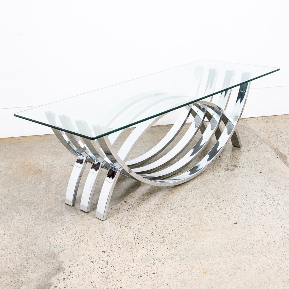 Mid Century Modern Coffee Table Chrome Glass Rectangular Vintage Sculptural Mcm
