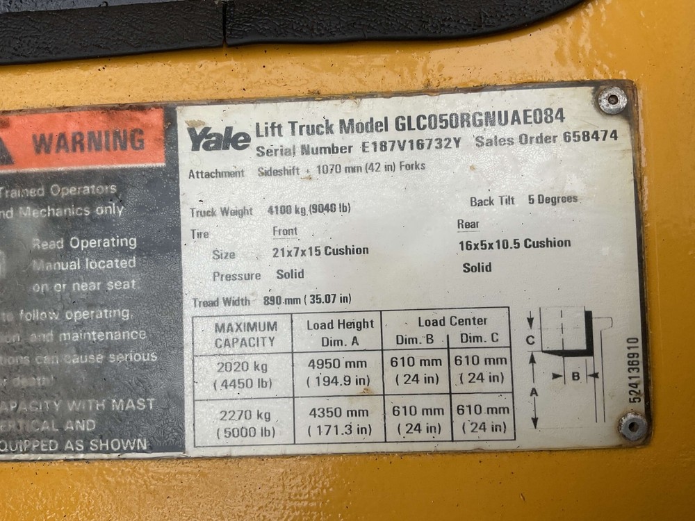 Yale 5,000 lbs Capacity Model GLC050RGNUAE084 Forklift FL2077