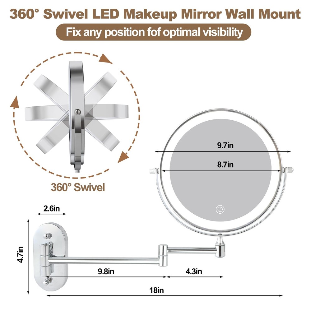 Rechargeable Lighted Wall Mounted Makeup Mirror 8 Inch Double Sided 20X Chrome