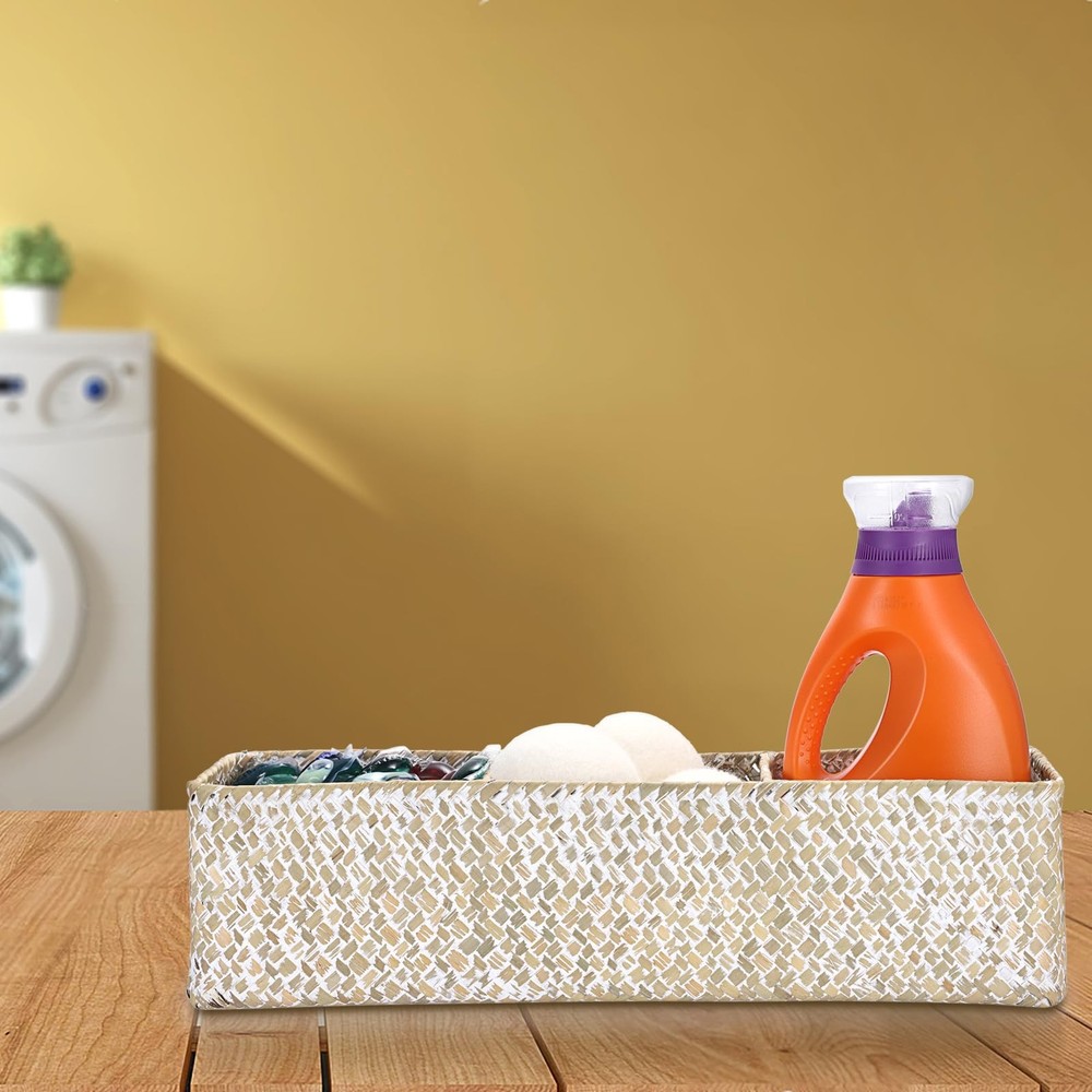 Hoowen Seagrass Shelf Basket with Dividers, Rectangular Woven Storage Baskets...