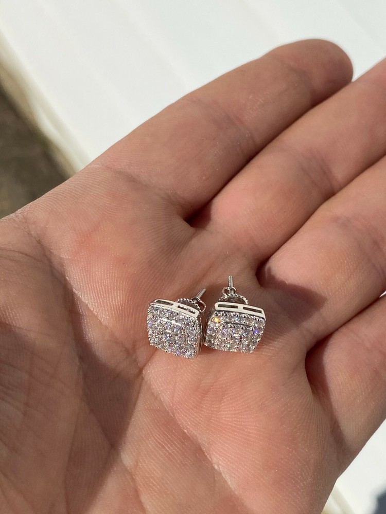 Real Solid 925 Silver Iced Simulated Diamond Earrings Screw Back Square Men's
