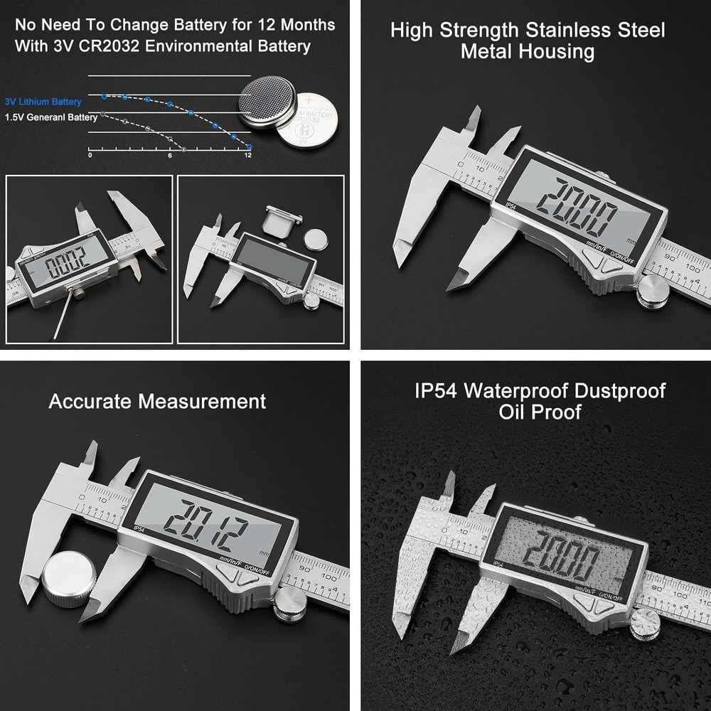 Precision Digital Caliper - 0-6" Stainless Steel Tool with Large LCD Display