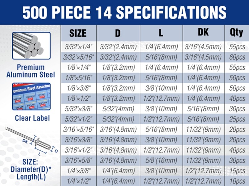 WORKPRO 500PC Pop Rivets Assortment Kit Aluminum Blind Rivets 14Size Blind Rivet