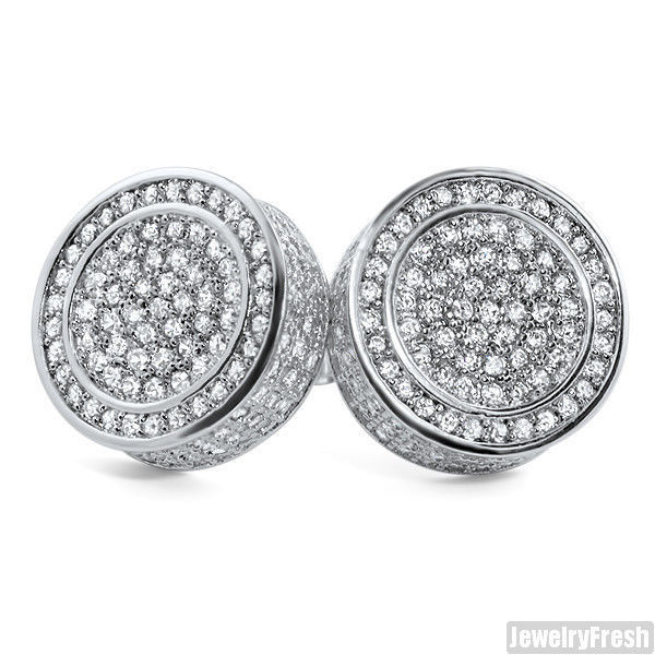 Large 3D Round Micropave Silver CZ Stud Earrings
