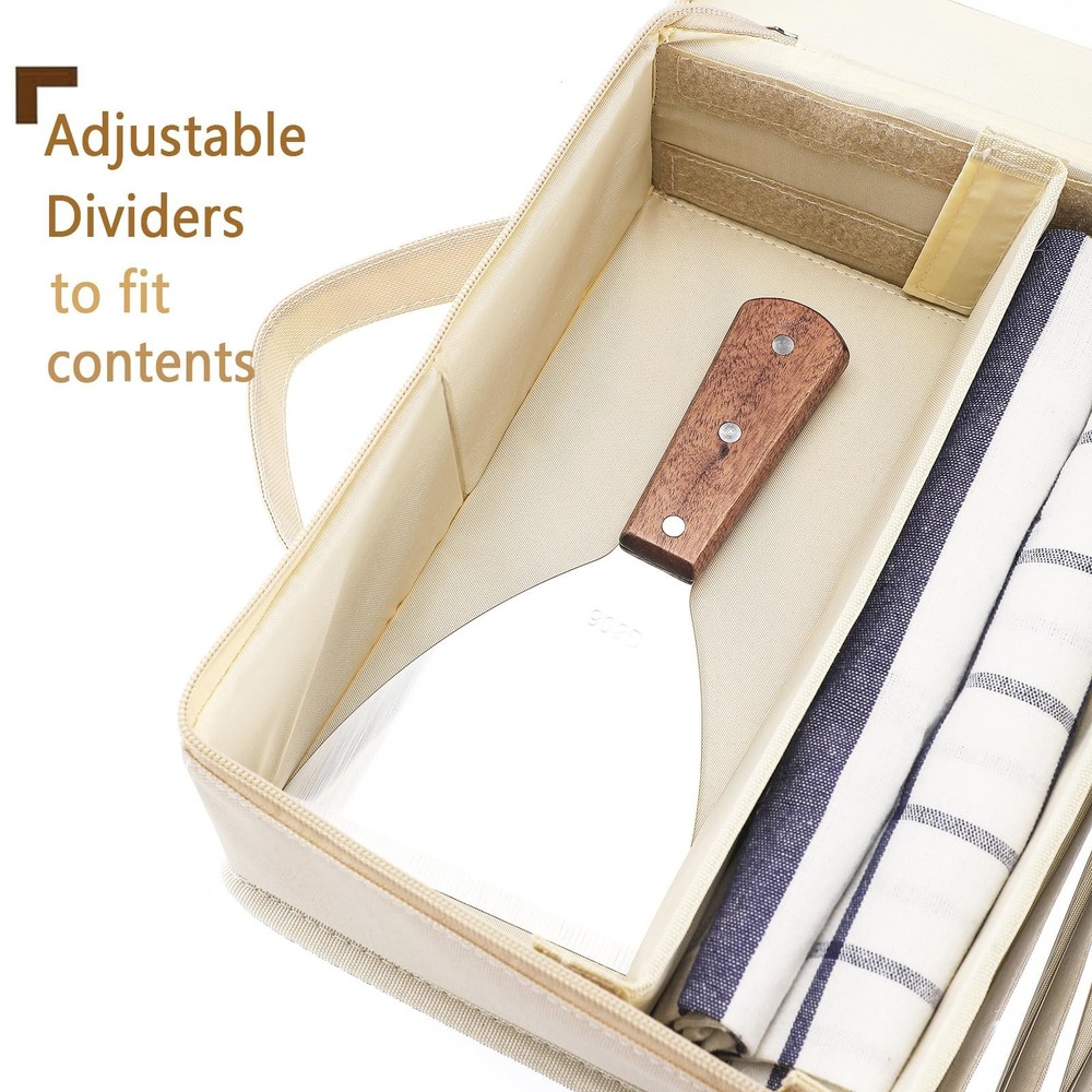 Flatware Utensil Storage Case, Beige Silverware Storage Box Chest with Adjust...