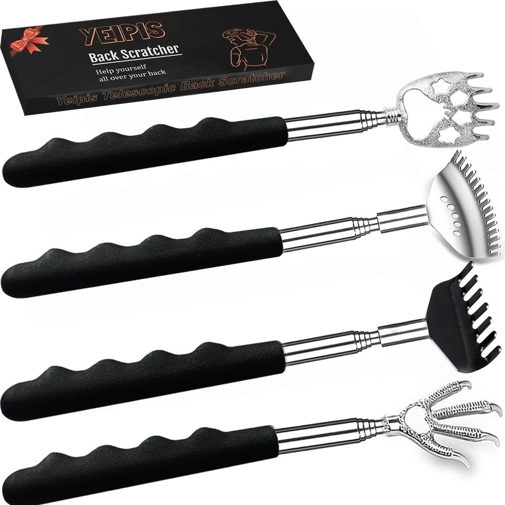 4Pcs Different Back Scratcher Extendable Massager Tool with Rubber Black
