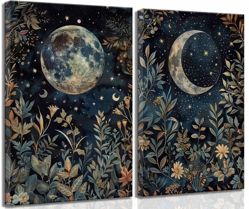 2 Pcs Vintage Celestial Canvas Wall Art Sun and Moon Celestial Botanical Ecli...