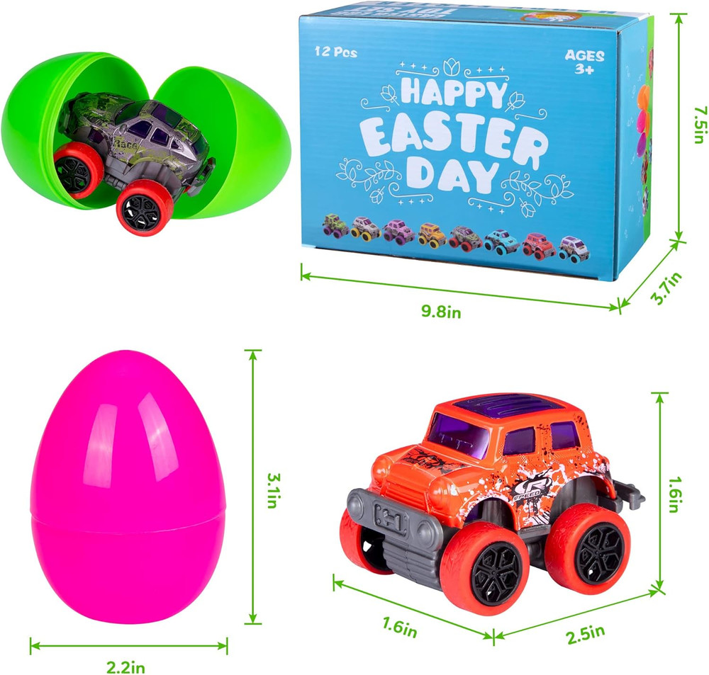 12 Pcs Easter Eggs Filled with Pull Back Cars, Easter Egg Prefilled with Trucks