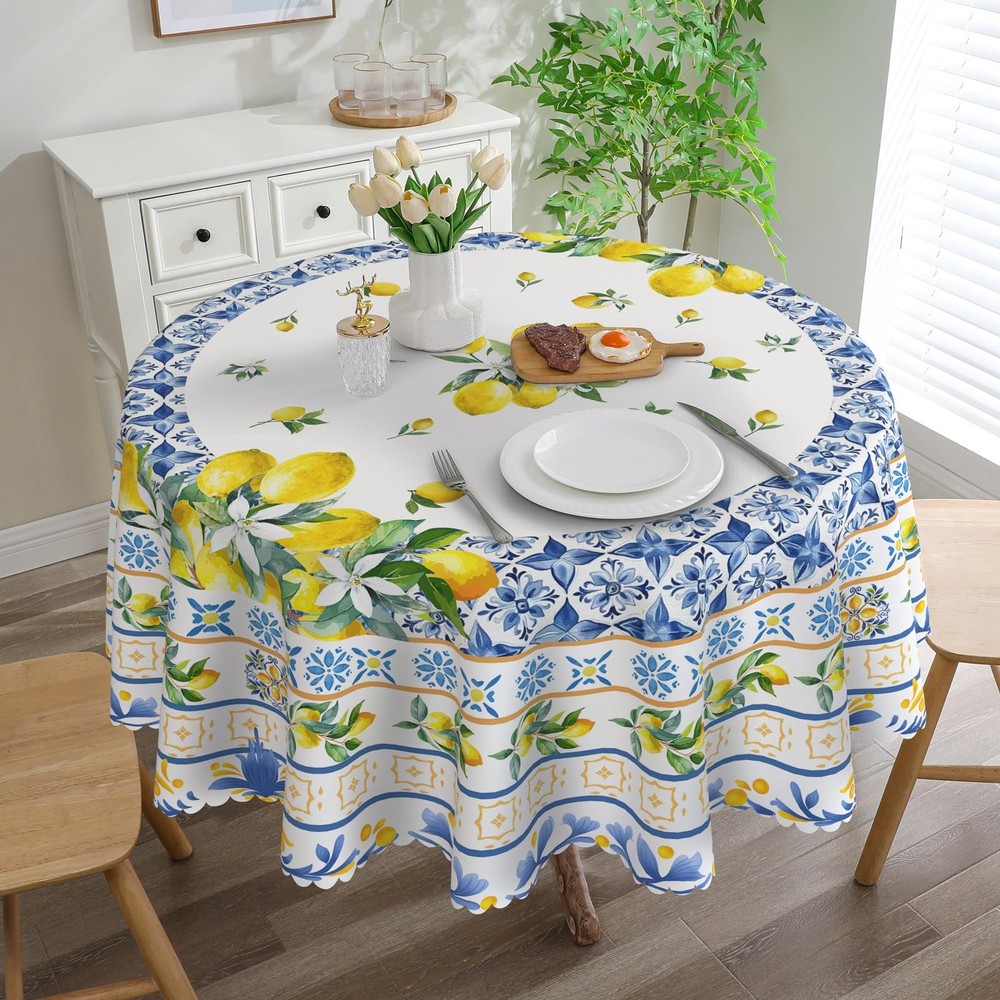 cusugbaso Lemon Round Tablecloth 60 inches - Mediterranean 60" (Round),